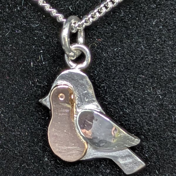 Robin pendant, Sterling silver and red gold robin necklace, Robins