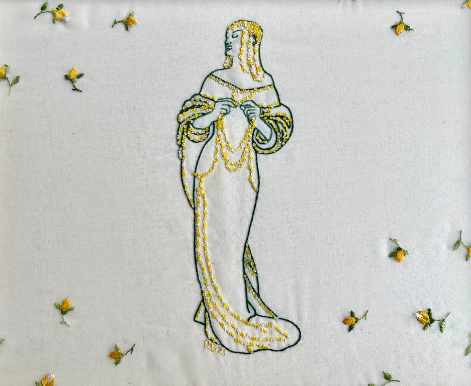 'Budding Potential' - Hand stitched embroidery art on vintage fabric