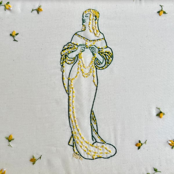 'Budding Potential' - Hand stitched embroidery art on vintage fabric