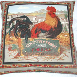 Cockerel in crate in farmyard cushion 