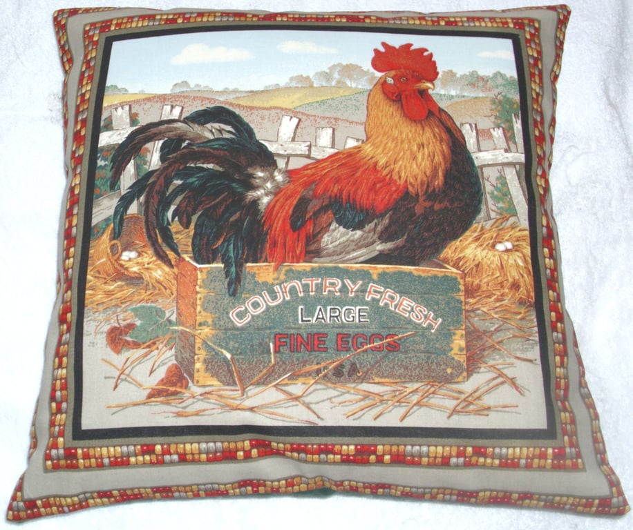 Cockerel in crate in farmyard cushion 