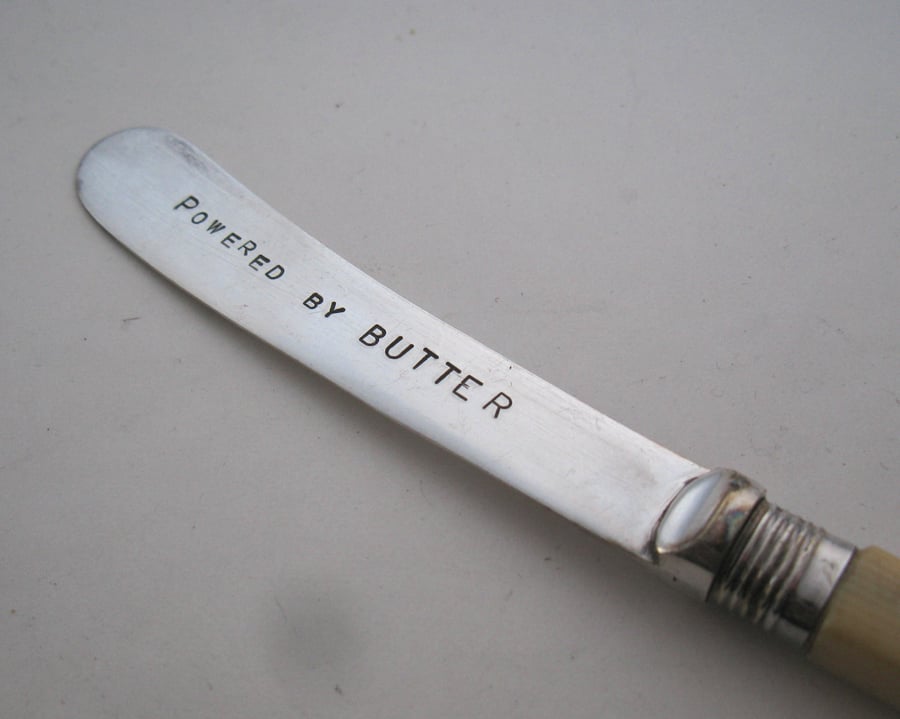 Powered by Butter, vintage spreader, yellow handle, handstamped