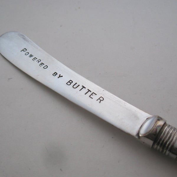 Powered by Butter, vintage spreader, yellow handle, handstamped
