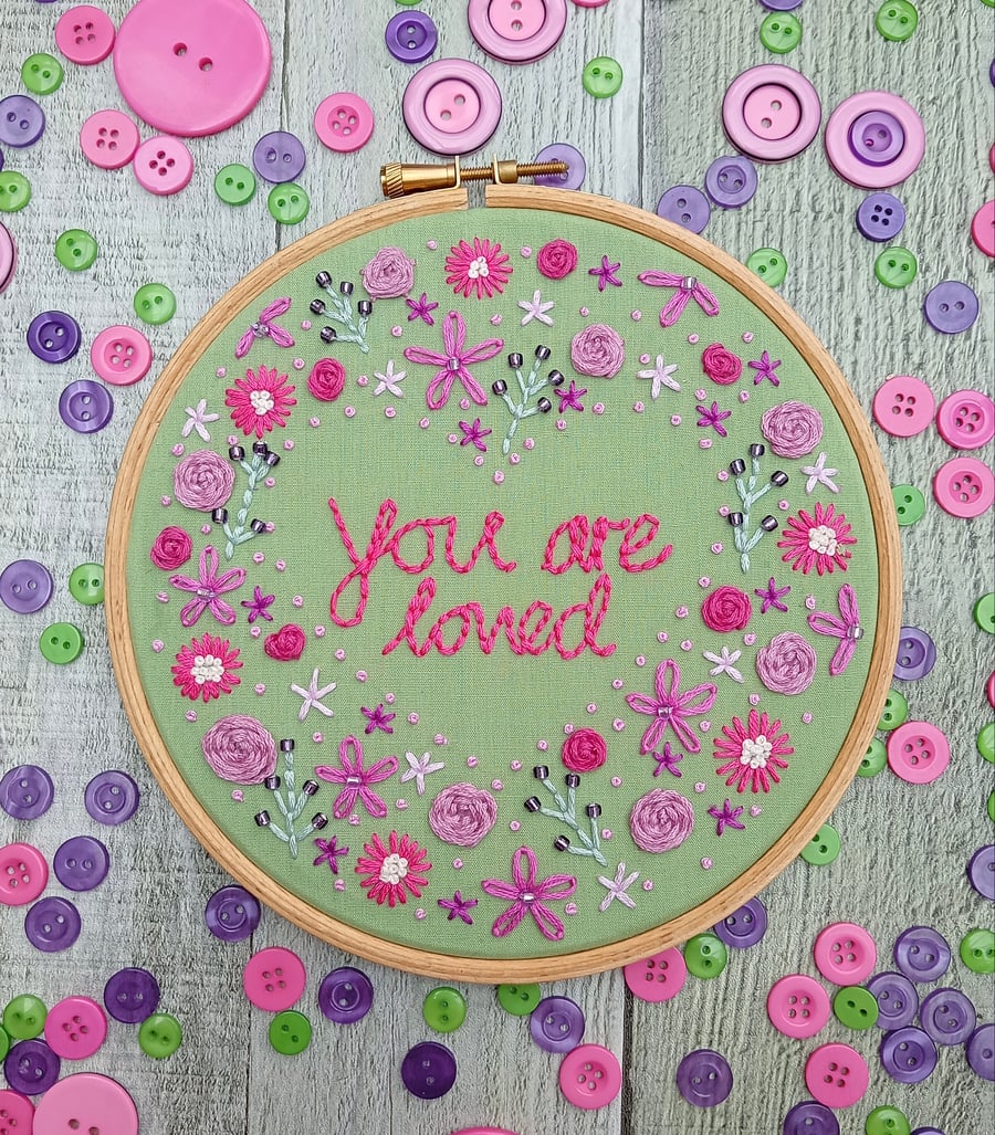 You Are Loved embroidered art hoop