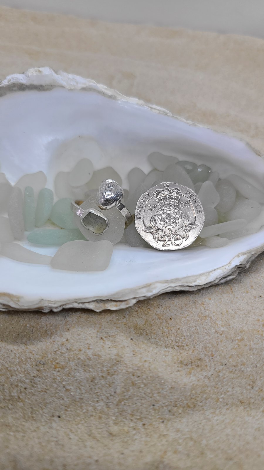 Pale olive green sea glass and silver cockle ring TL6