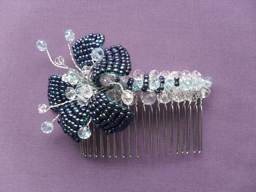 SALE Blue Flower and Crystal Hair Comb 