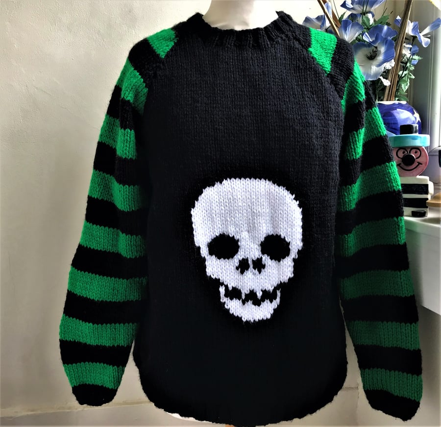 Green Black Stripe Sleeve Hand Knitted Skull Jumper