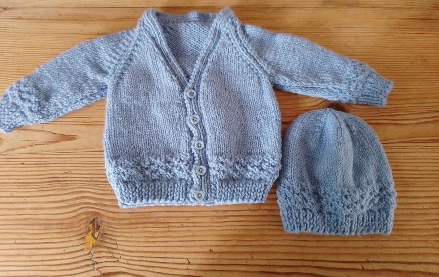 Handmade baby cardigan and hat set. Size 0-3 months.