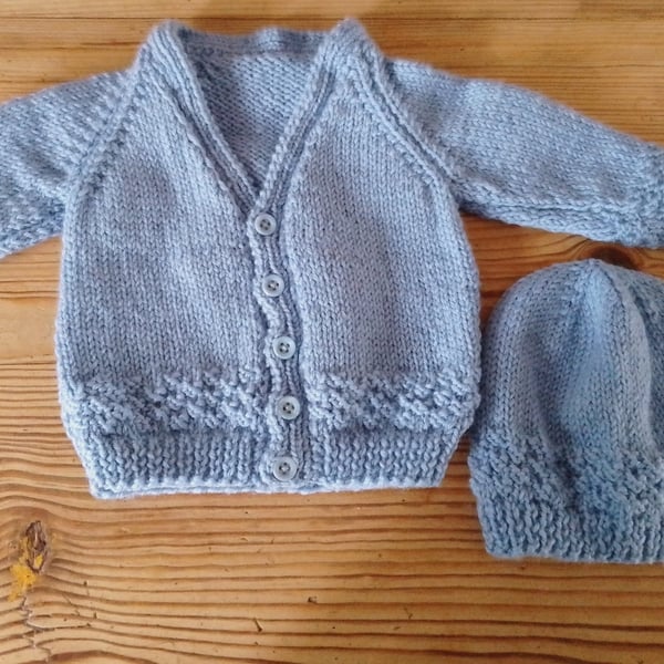 Handmade baby cardigan and hat set. Size 0-3 months.