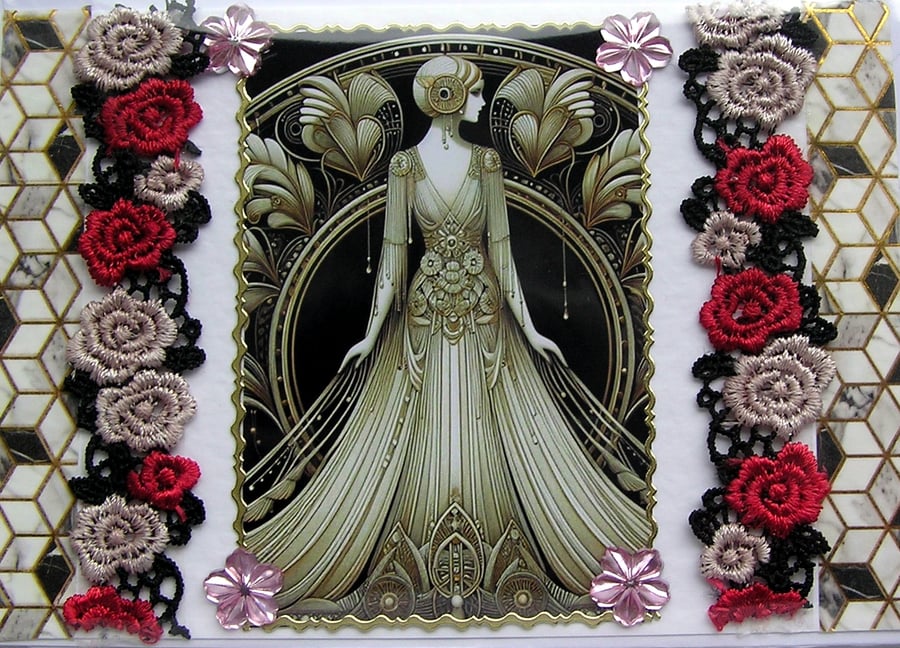 Art Deco Style Lady - Hand Crafted Decoupage Greeting Card - Blank 3300