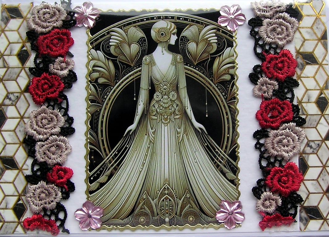 Art Deco Style Lady - Hand Crafted Decoupage Greeting Card - Blank 3300