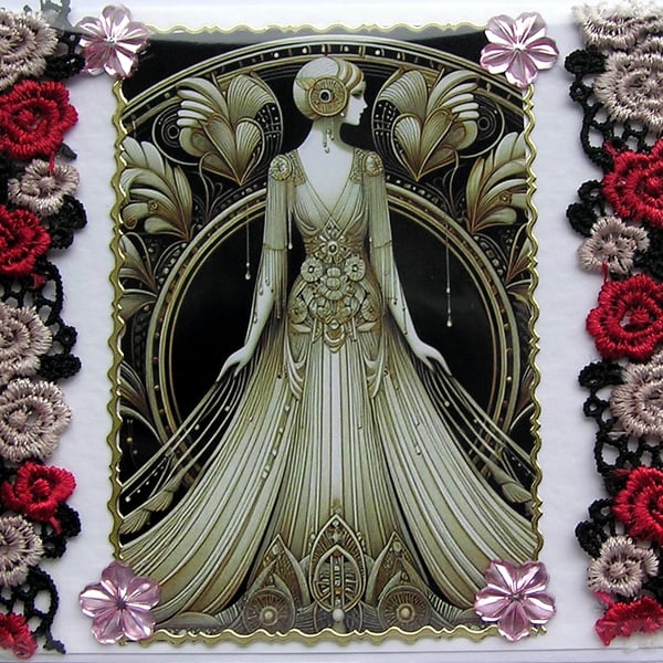 Art Deco Style Lady - Hand Crafted Decoupage Greeting Card - Blank 3300