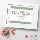 Personalised Name Meaning Alphabet Print, Green, christening gift for new baby