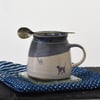 Handmade ceramic cat mug - one of a kind blue and white pottery