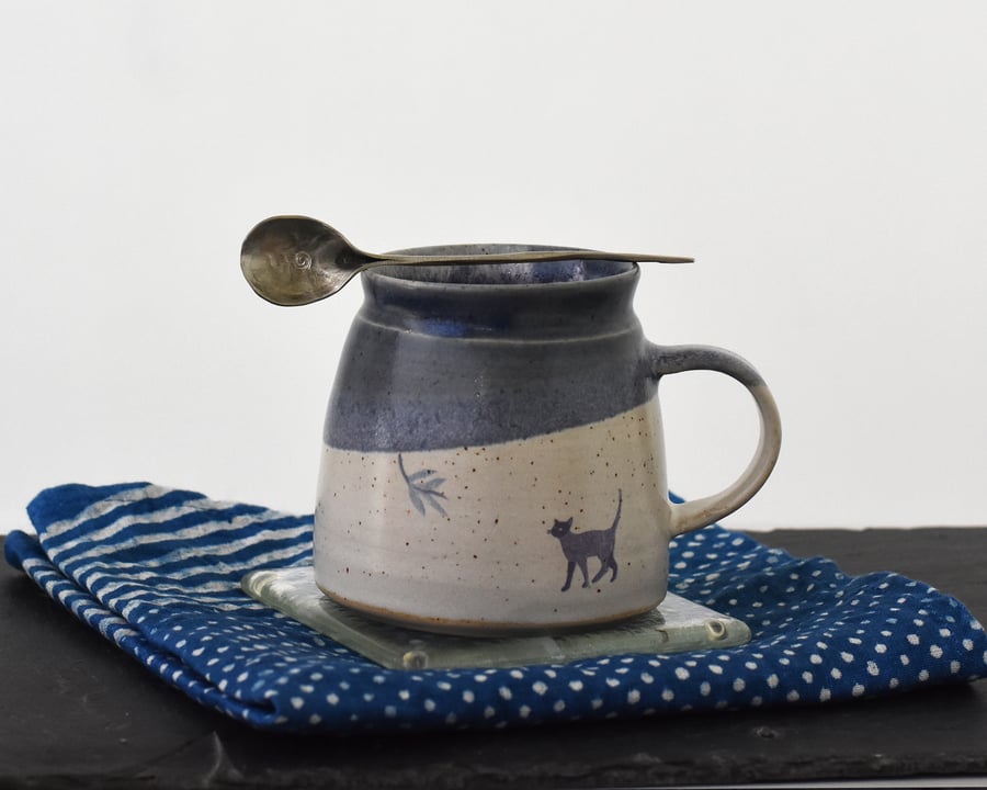 Handmade ceramic cat mug - one of a kind blue and white pottery