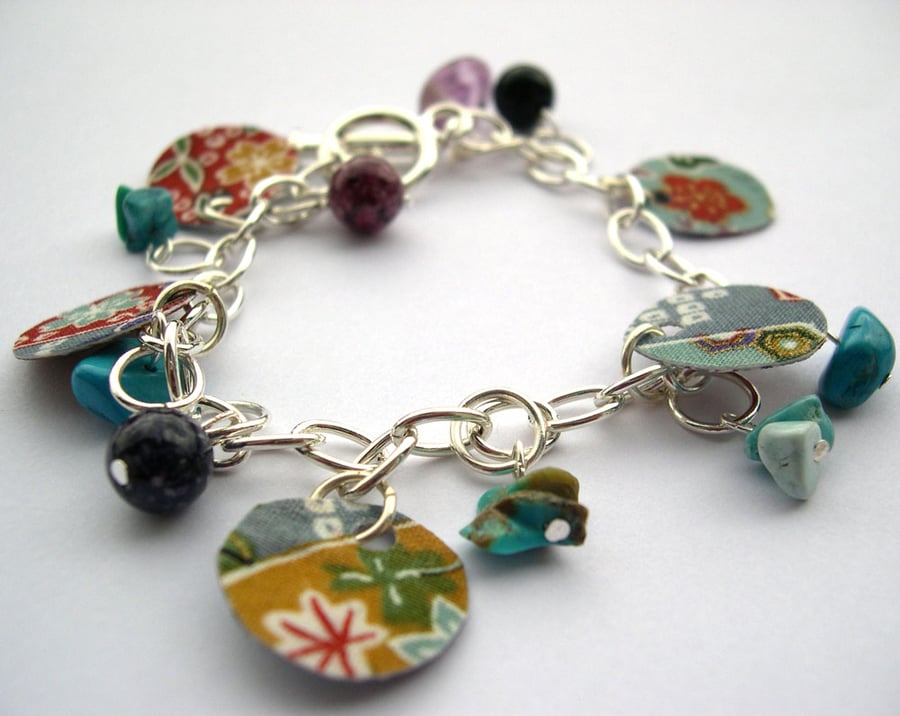 Hardened Fabric Chinese Floral  Print Charm Bracelet 