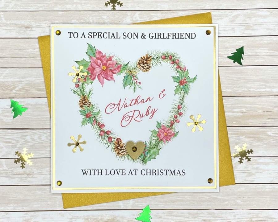 Christmas Card Personalised Heart Wreath Son Daughter Brother Sister Grandson