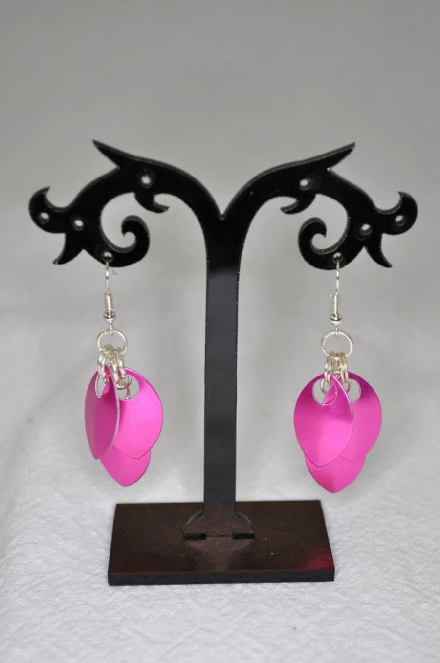 Hot Pink Drop Earrings, Scale Maille Earrings, Pink Dangle Earrings