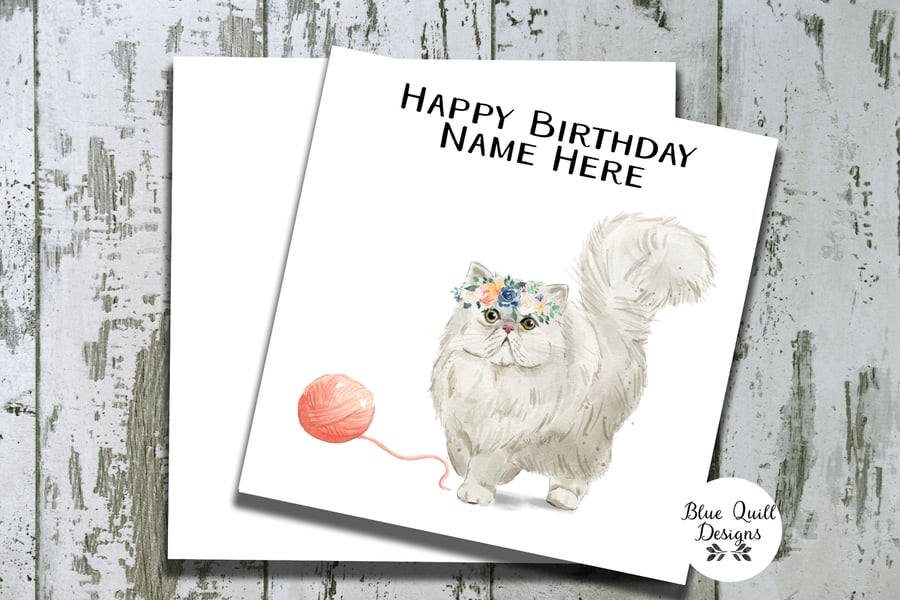 White Persian Cat Watercolour Print Personalised Birthday Card