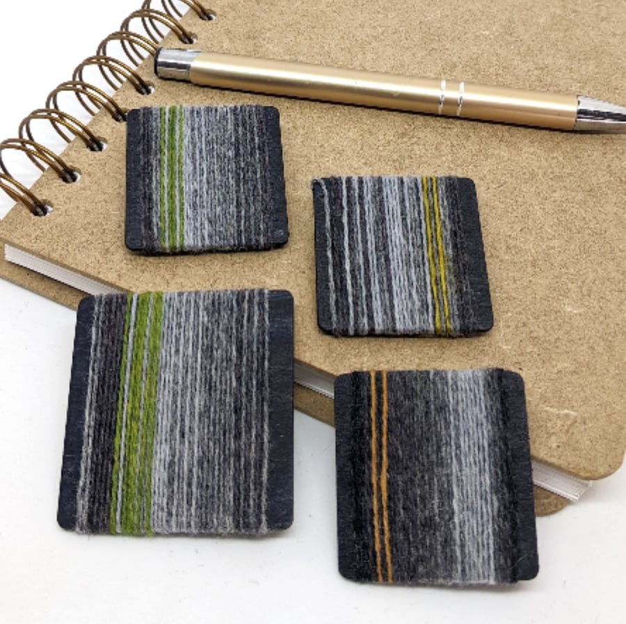 Square wool wrapped brooch in greys and contrast stripe