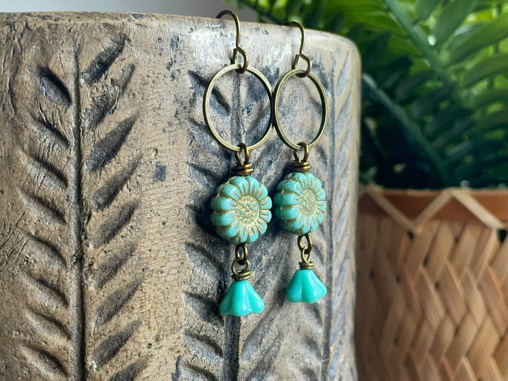 Turquoise Czech Glass Sunflower Earrings. Colourful Floral Drop Earrings