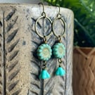 Turquoise Czech Glass Sunflower Earrings. Colourful Floral Drop Earrings