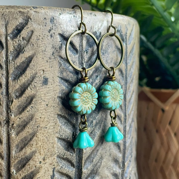 Turquoise Czech Glass Sunflower Earrings. Colourful Floral Drop Earrings