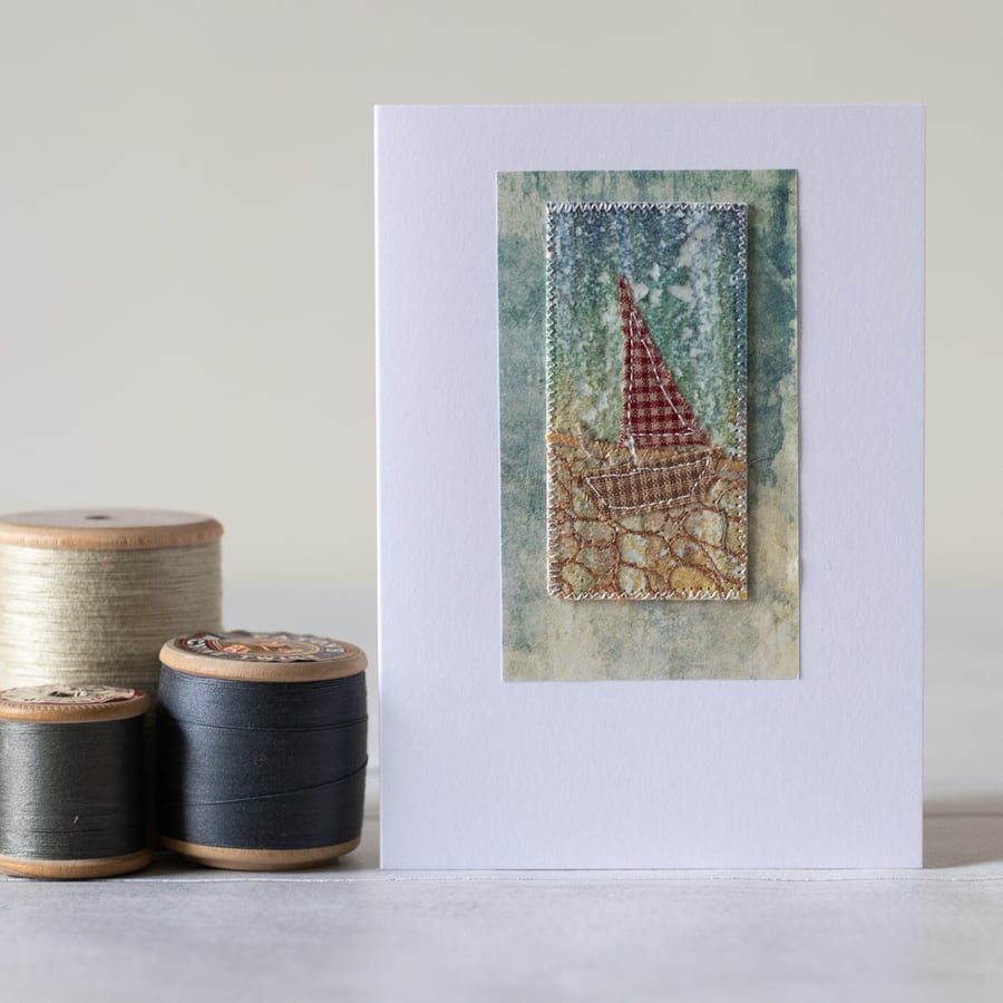 Blank Sailing Boat Mixed Media Textile Greetings Card 