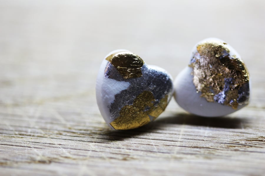 Antiqued heart earrings, white silver and gold