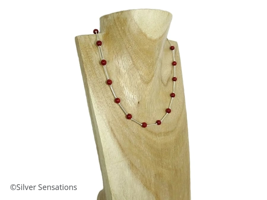 Elegant Rich Red Coral & Sterling Silver Tubes Unique Designer Necklace