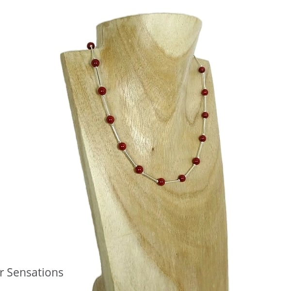 Elegant Rich Red Coral & Sterling Silver Tubes Designer Necklace