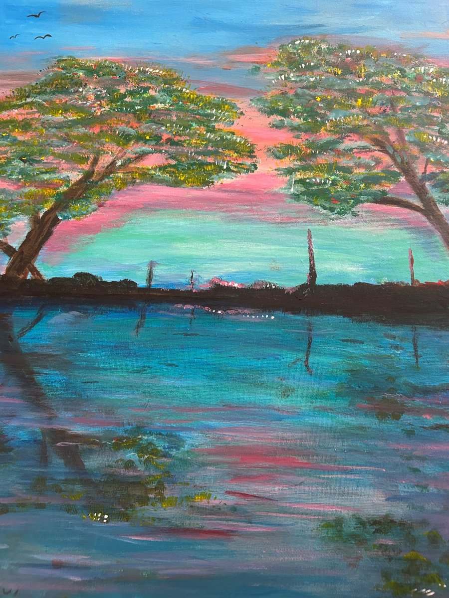 Pink sunset over water original acrylic 16"x20"