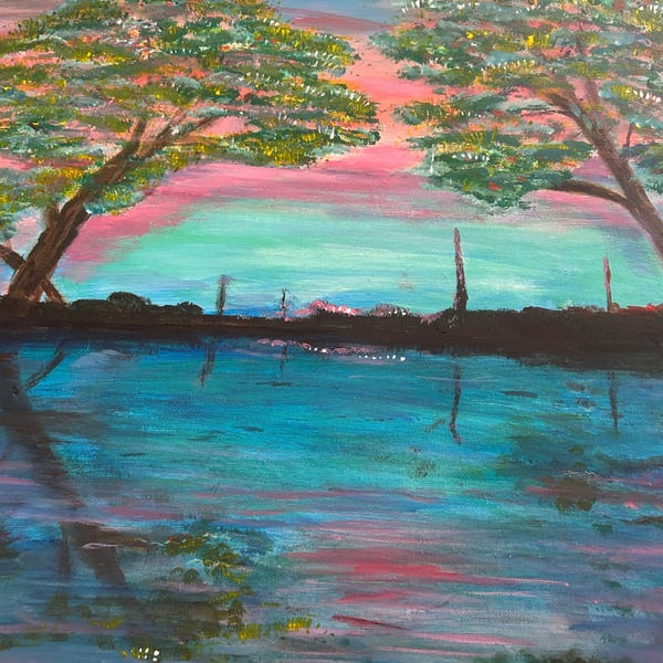 Pink sunset over water original acrylic 16"x20"
