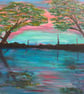 Pink sunset over water original acrylic 16"x20"