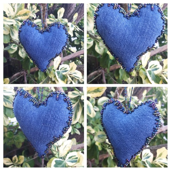 Heart hanger made with upcycled denim and metallic beading. 
