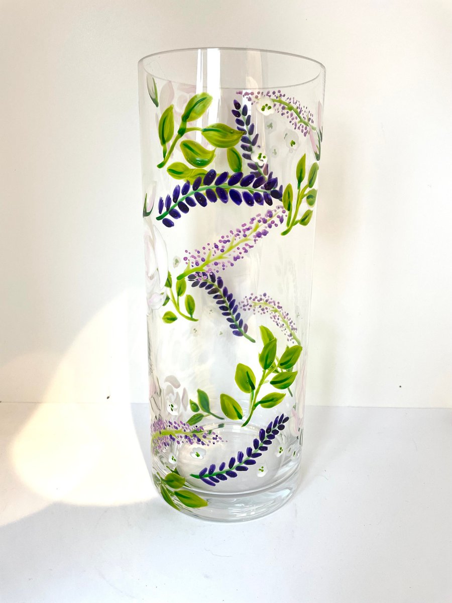 Hand Painted Glass Vase with White Roses, Wildflowers and Lavender. MOB Gift