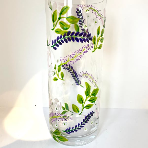 Hand Painted Glass Vase with White Roses, Wildflowers and Lavender. MOB Gift
