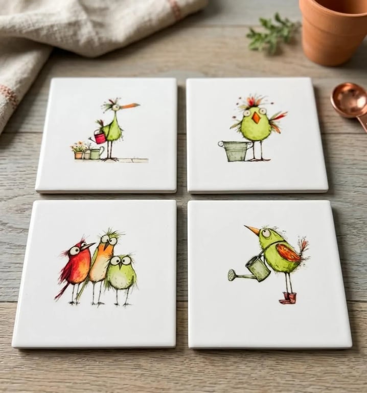 Whimsical "Tatty Bird" Ceramic Coaster Set (Pack of 4)