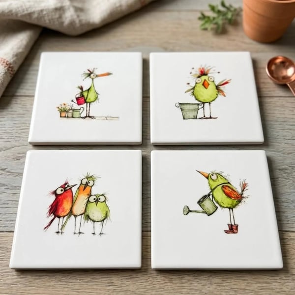 Whimsical "Tatty Bird" Ceramic Coaster Set (Pack of 4)
