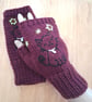 Dark Raspberry Pink Hand Knitted Gloves With Embroidered Cat (J182) - Image 3