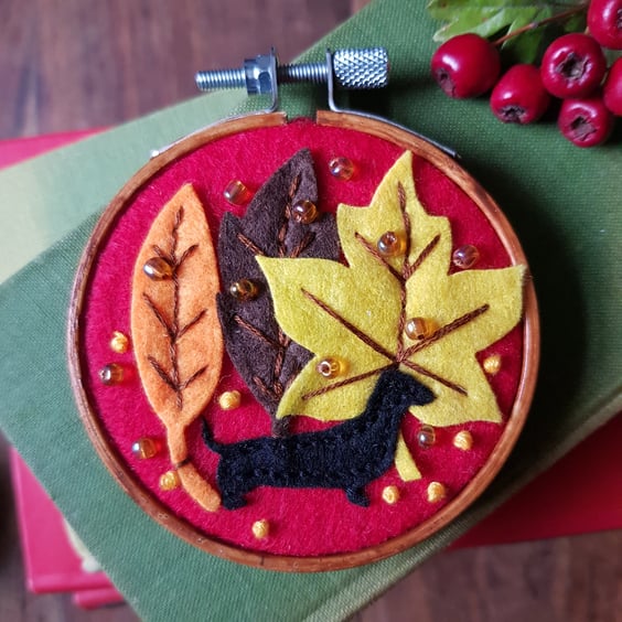 Autumn leaves and sausage dog- small wall hanging 