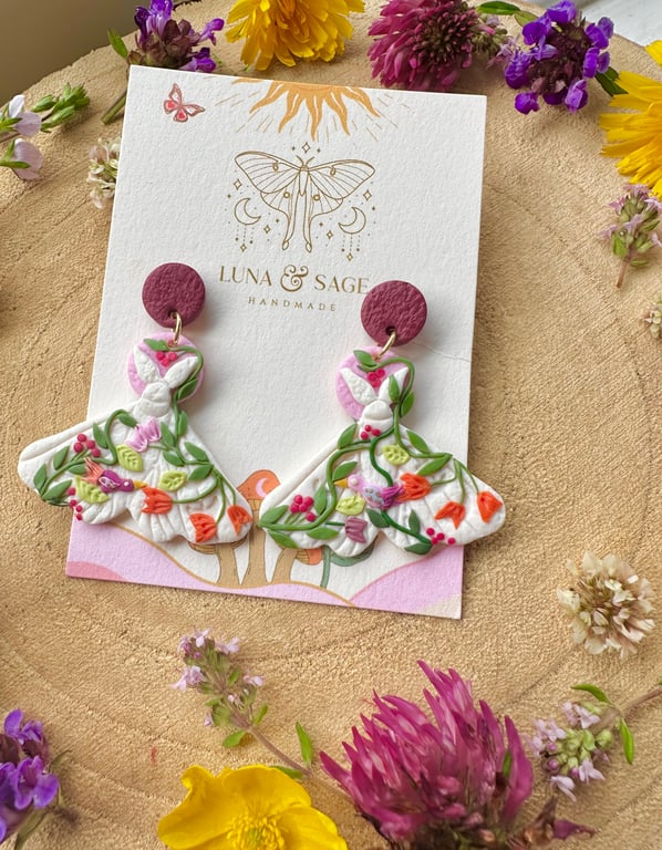 Floral Polymer Clay Moth Earrings: Gold Plated Stainless Steel Flower earrings,