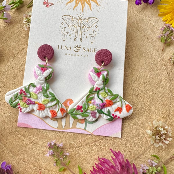 Floral Polymer Clay Moth Earrings: Gold Plated Stainless Steel Flower earrings,