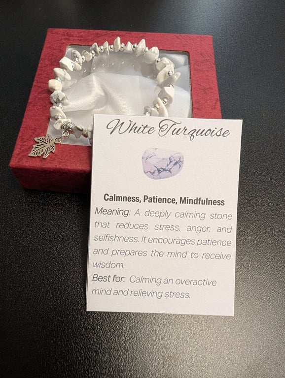 White Turquoise Natural Gemstone Bracelet with charm and meaning card 