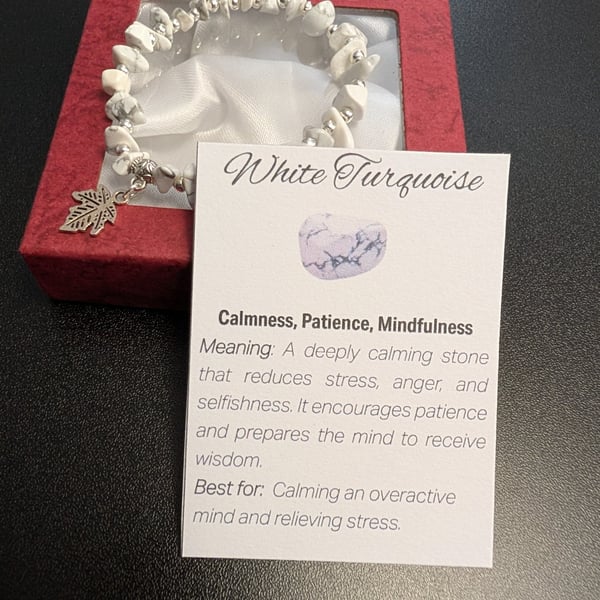 White Turquoise Natural Gemstone Bracelet with charm and meaning card 