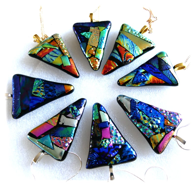 Patchwork Triangle Dichroic Fused Glass Pendant Colour choice valentine