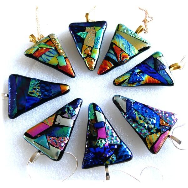 Patchwork Triangle Dichroic Fused Glass Pendant Colour choice valentine
