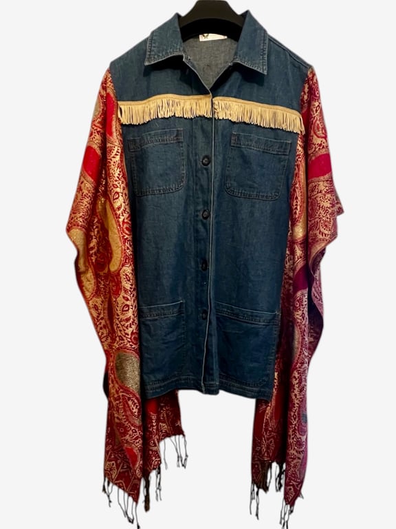 Upcycled Denim Western Boho Tunic Kimono Pink Gold Fringe