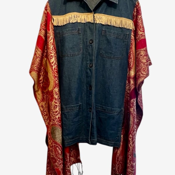 Upcycled Denim Western Boho Tunic Kimono Pink Gold Fringe