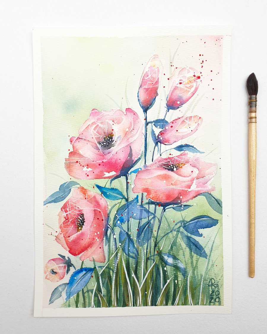 Watercolour Painting, Beautiful Red & Pink Wild Roses, Floral Artwork, Wall Art